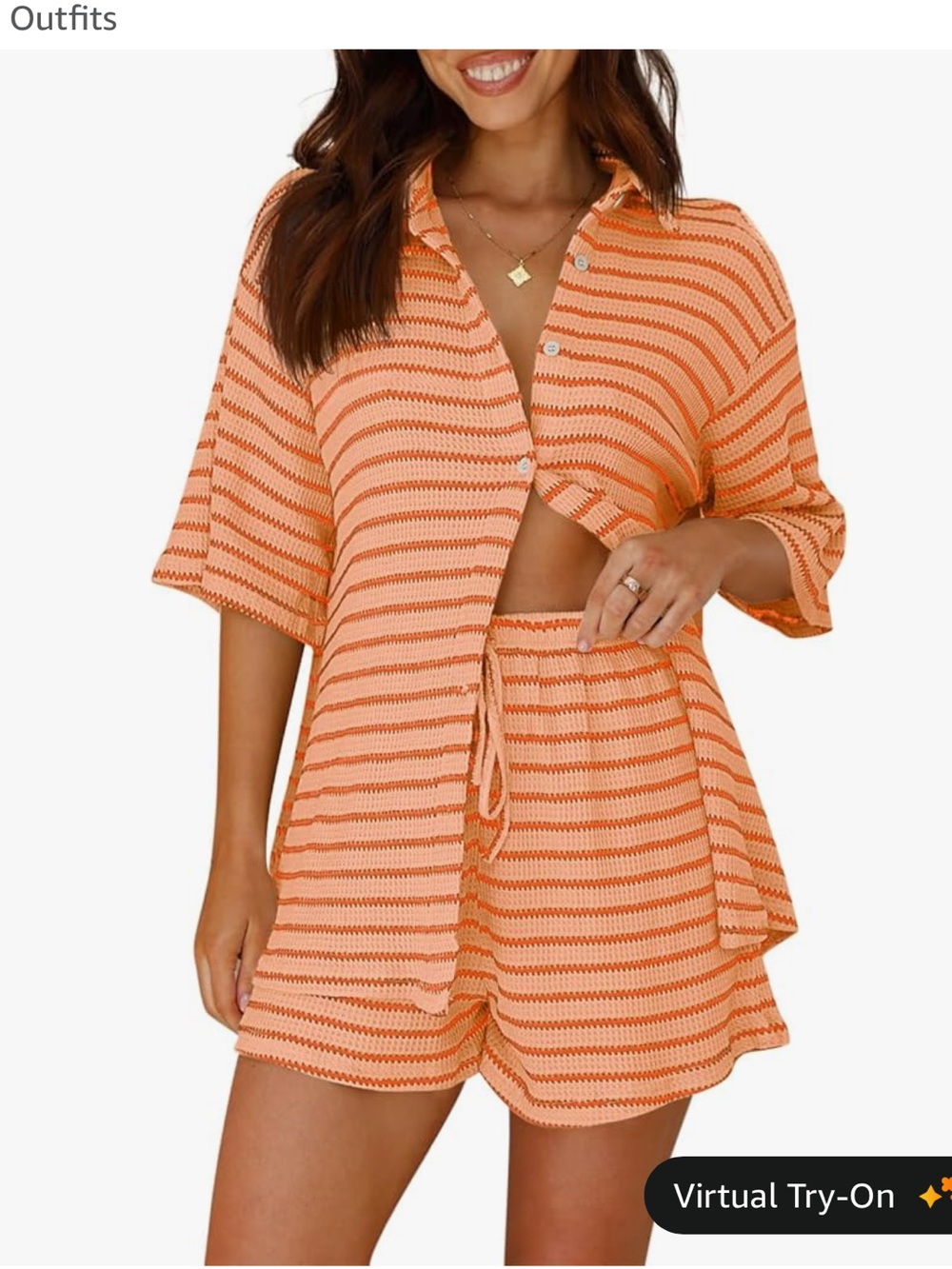 Amazon Orange Waffle Knit Striped 2 Piece Set Button Down Shirt & Shorts Small
